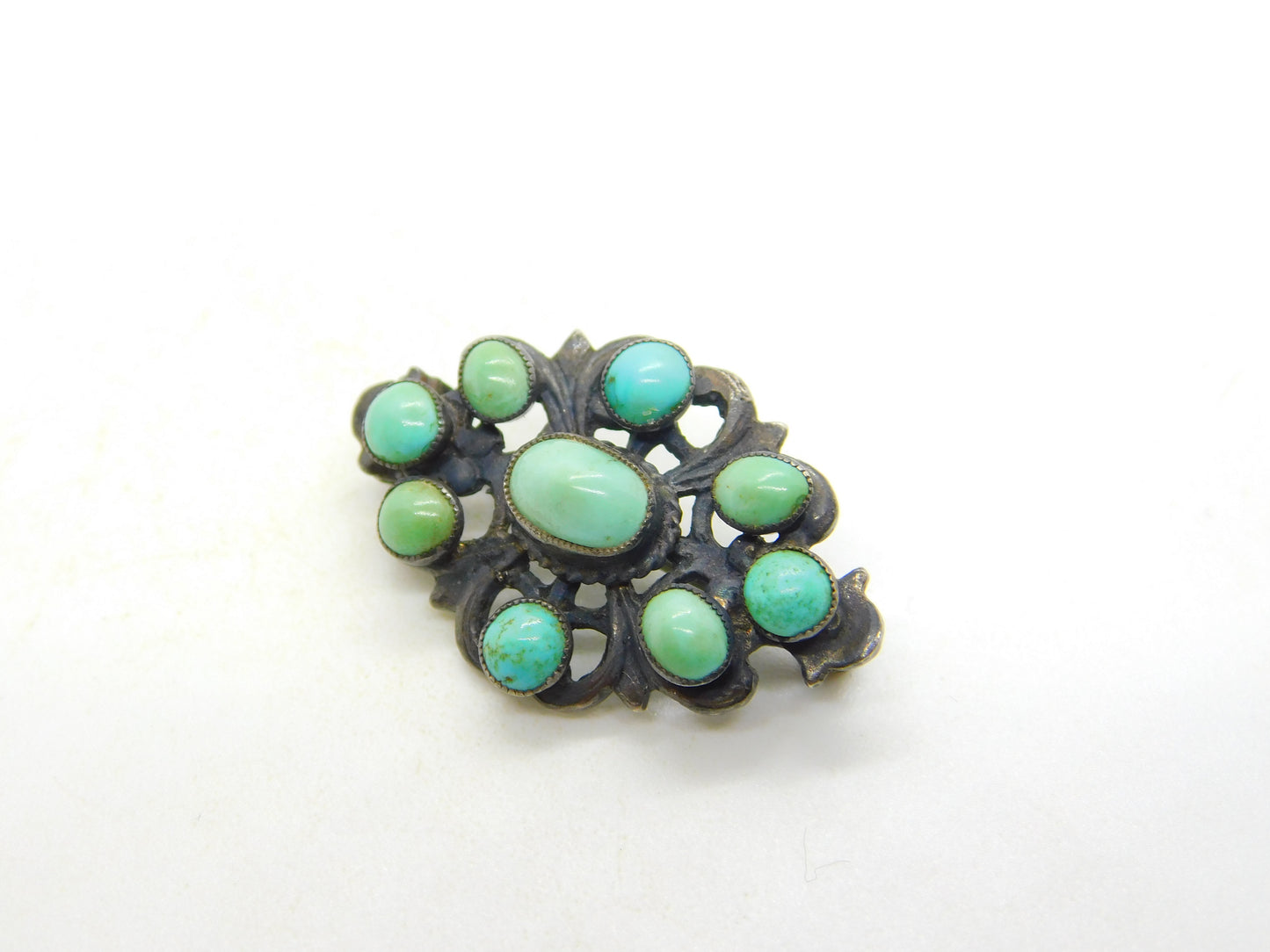 19th Century Austro-Hungarian Sterling Silver Cabochon Turquoise Brooch Antique c1860