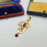 Edwardian 9ct Gold Garnet Set Floral Lavalier Form Drop Pendant Antique c1910