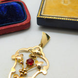 Edwardian 9ct Gold Garnet Set Floral Lavalier Form Drop Pendant Antique c1910