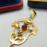 Edwardian 9ct Gold Garnet Set Floral Lavalier Form Drop Pendant Antique c1910