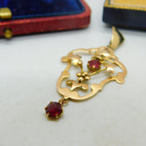 Edwardian 9ct Gold Garnet Set Floral Lavalier Form Drop Pendant Antique c1910