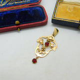 Edwardian 9ct Gold Garnet Set Floral Lavalier Form Drop Pendant Antique c1910