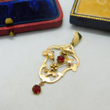 Edwardian 9ct Gold Garnet Set Floral Lavalier Form Drop Pendant Antique c1910