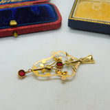 Edwardian 9ct Gold Garnet Set Floral Lavalier Form Drop Pendant Antique c1910