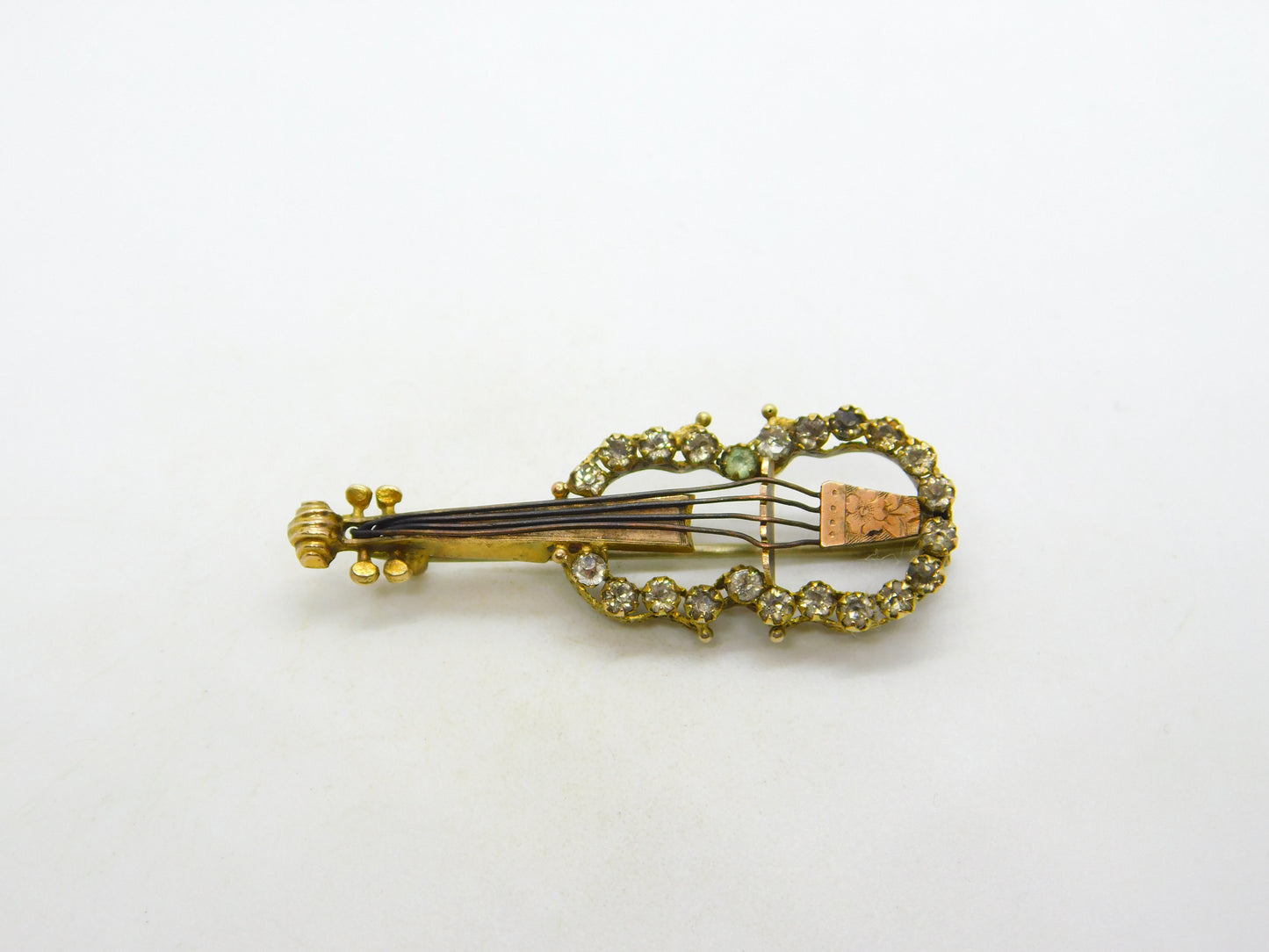 19th Century Continental 9ct Gold & Paste Set Violin Brooch Antique c1880