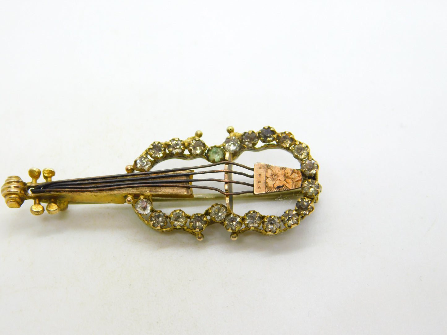 19th Century Continental 9ct Gold & Paste Set Violin Brooch Antique c1880