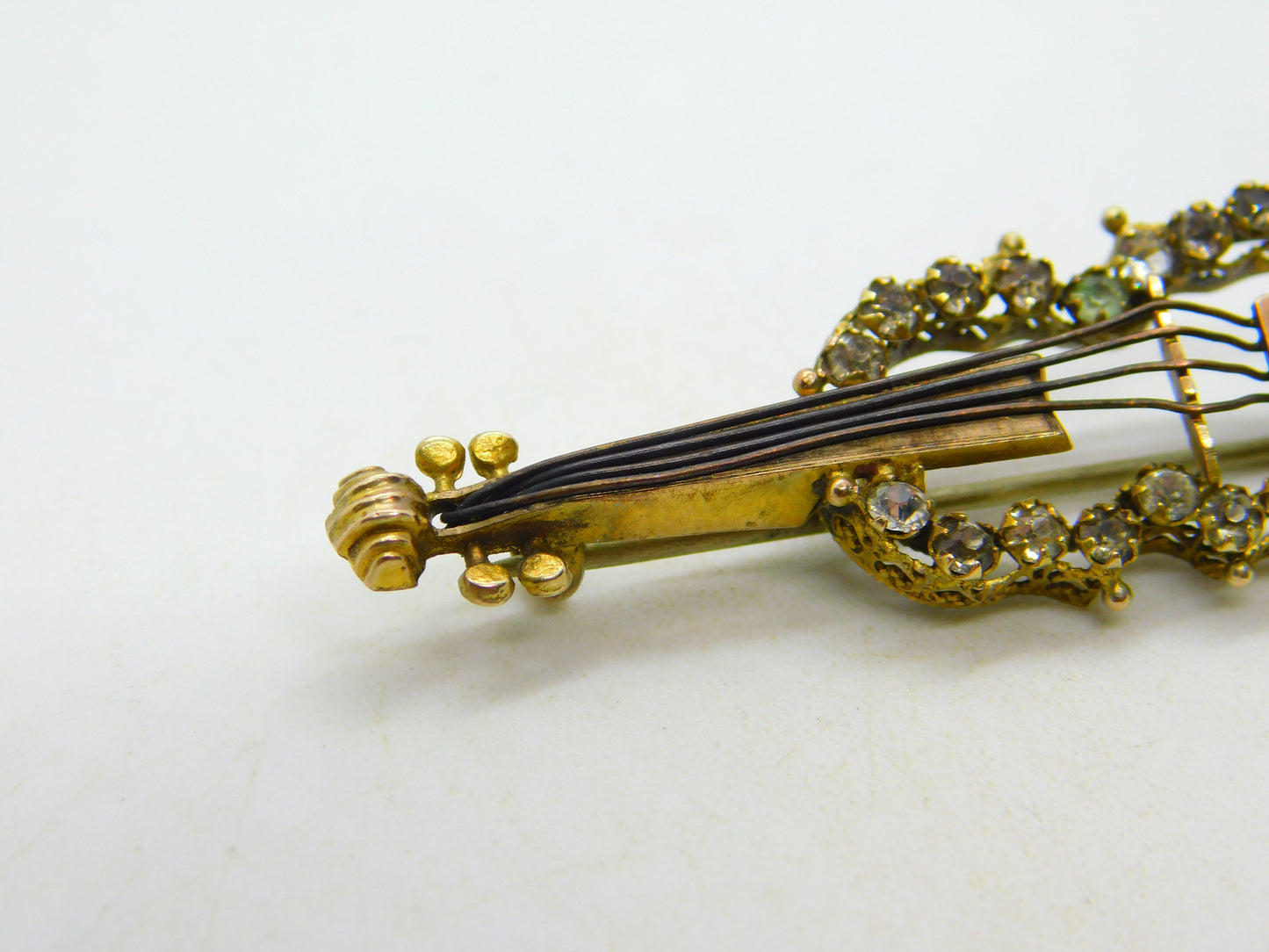 19th Century Continental 9ct Gold & Paste Set Violin Brooch Antique c1880