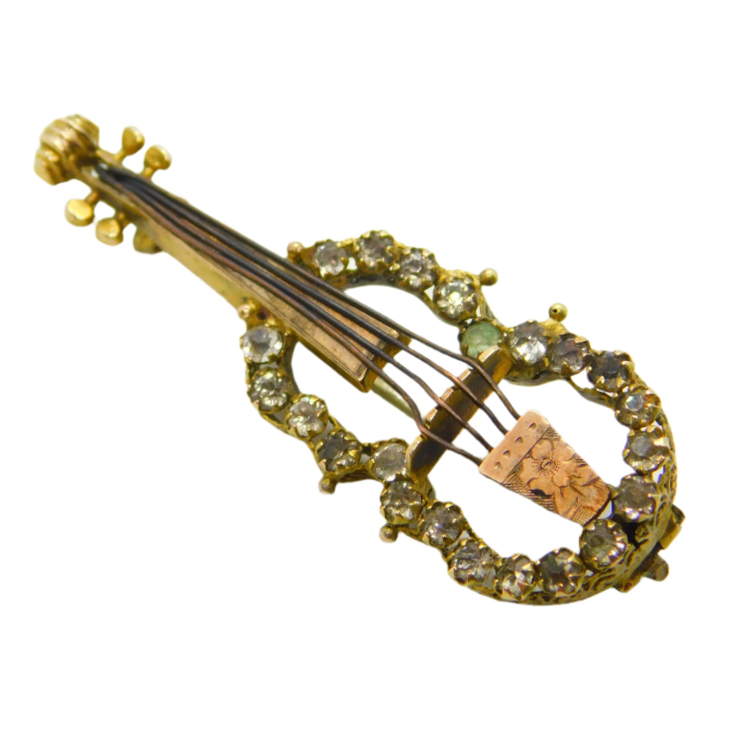 19th Century Continental 9ct Gold & Paste Set Violin Brooch Antique c1880