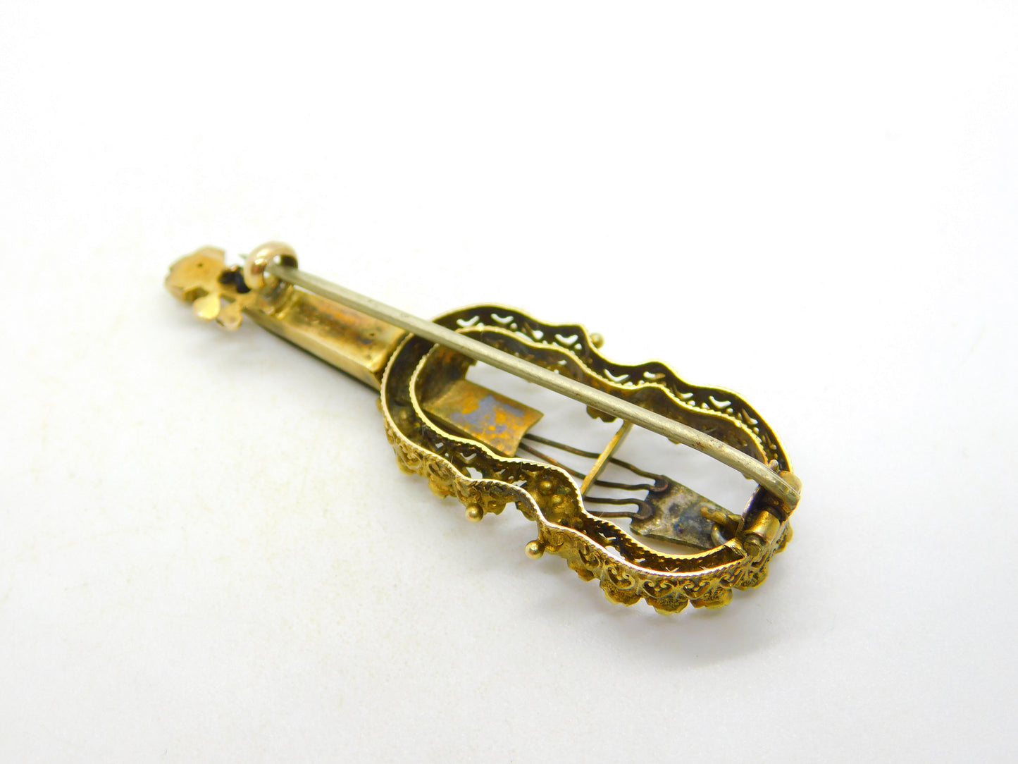 19th Century Continental 9ct Gold & Paste Set Violin Brooch Antique c1880