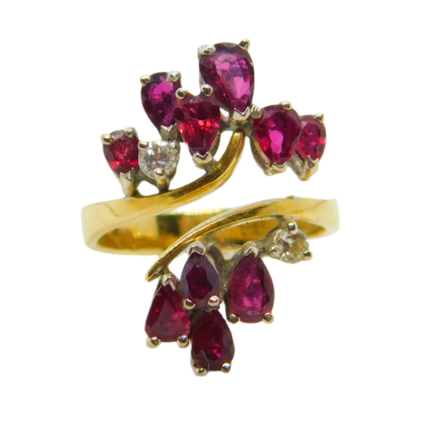 18ct Yellow Gold, Ruby & Diamond Floral Crossover Ring Vintage c1970