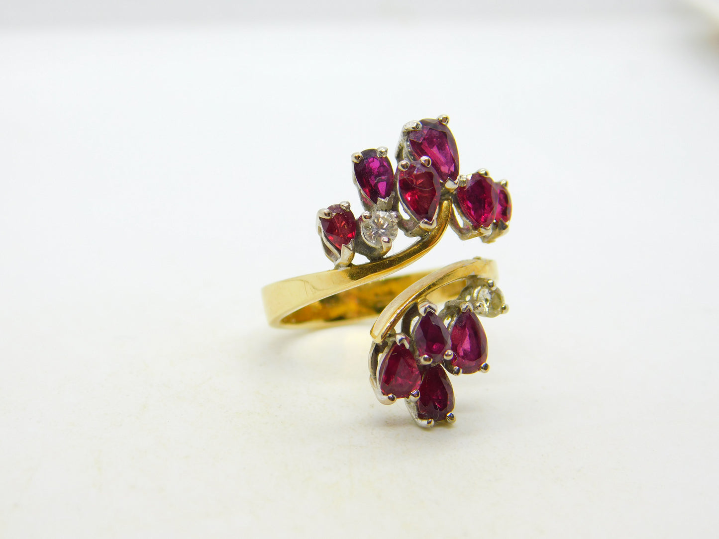 18ct Yellow Gold, Ruby & Diamond Floral Crossover Ring Vintage c1970