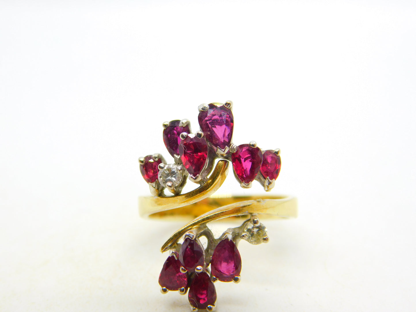 18ct Yellow Gold, Ruby & Diamond Floral Crossover Ring Vintage c1970