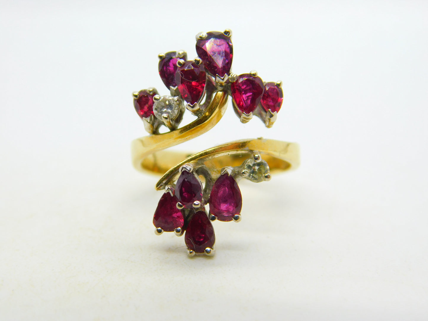 18ct Yellow Gold, Ruby & Diamond Floral Crossover Ring Vintage c1970