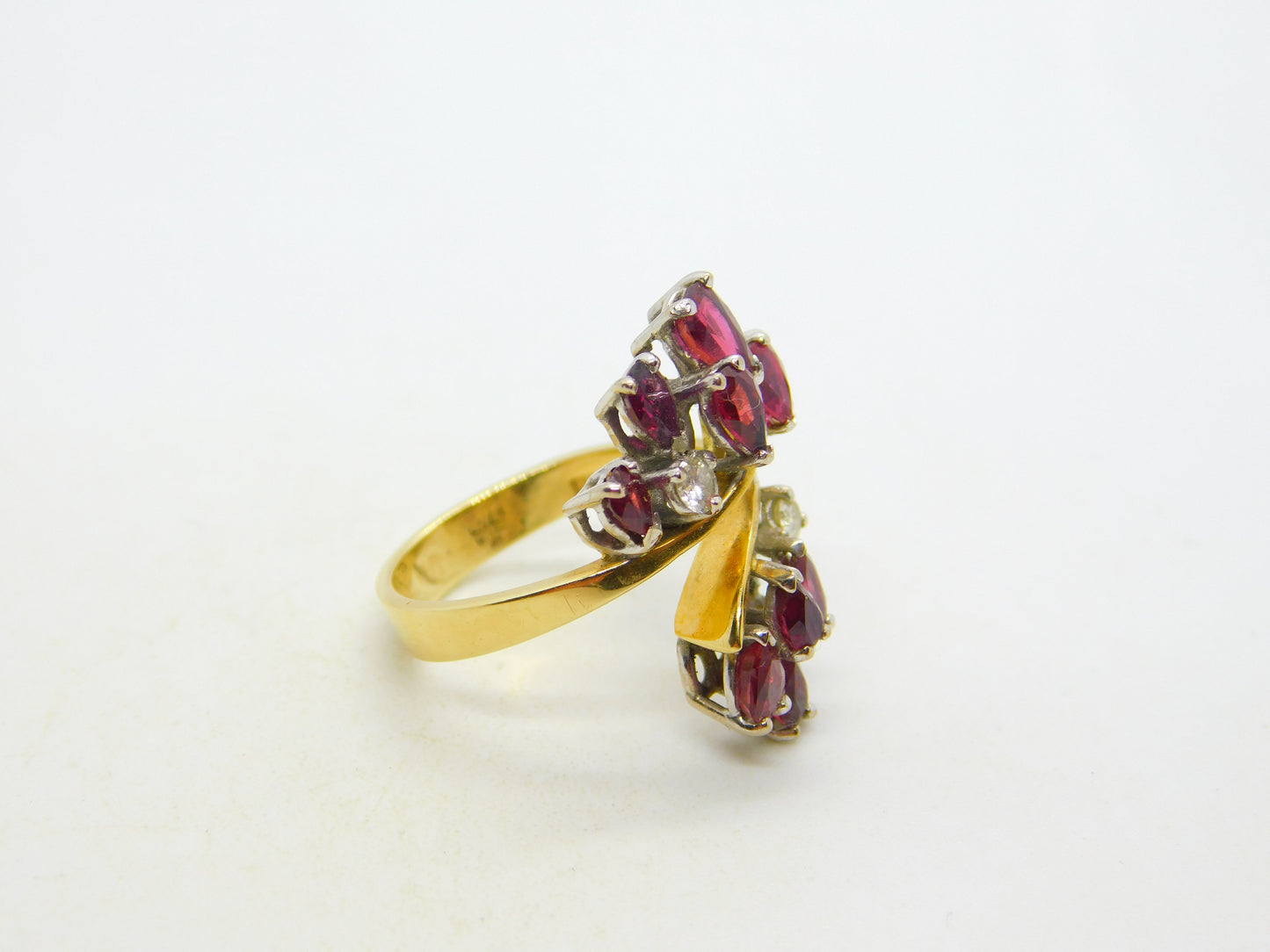 18ct Yellow Gold, Ruby & Diamond Floral Crossover Ring Vintage c1970