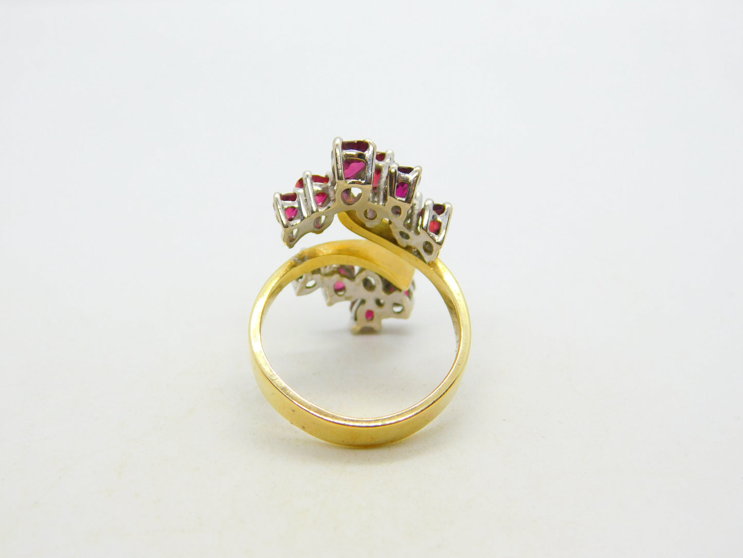 18ct Yellow Gold, Ruby & Diamond Floral Crossover Ring Vintage c1970