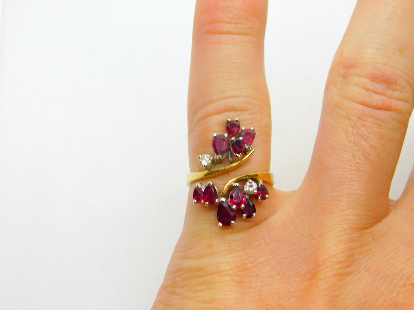 18ct Yellow Gold, Ruby & Diamond Floral Crossover Ring Vintage c1970
