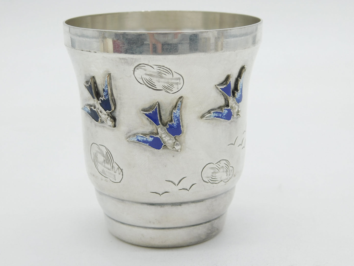 20th Century Continental Silver Enamel Swallow Christening Beaker Antique c1920