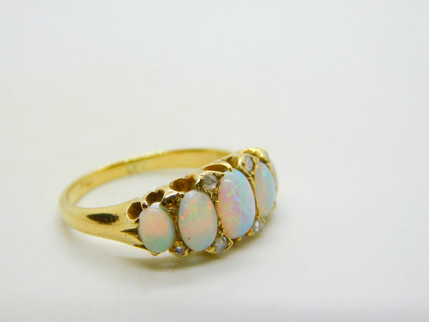 Victorian 18ct Gold Graduating Five-Stone Opal & Diamond Boat Ring Antique c1880