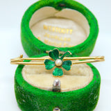 Victorian 15ct Gold, Green Enamel & Seed Pearl Shamrock Brooch Antique c1880