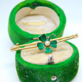 Victorian 15ct Gold, Green Enamel & Seed Pearl Shamrock Brooch Antique c1880