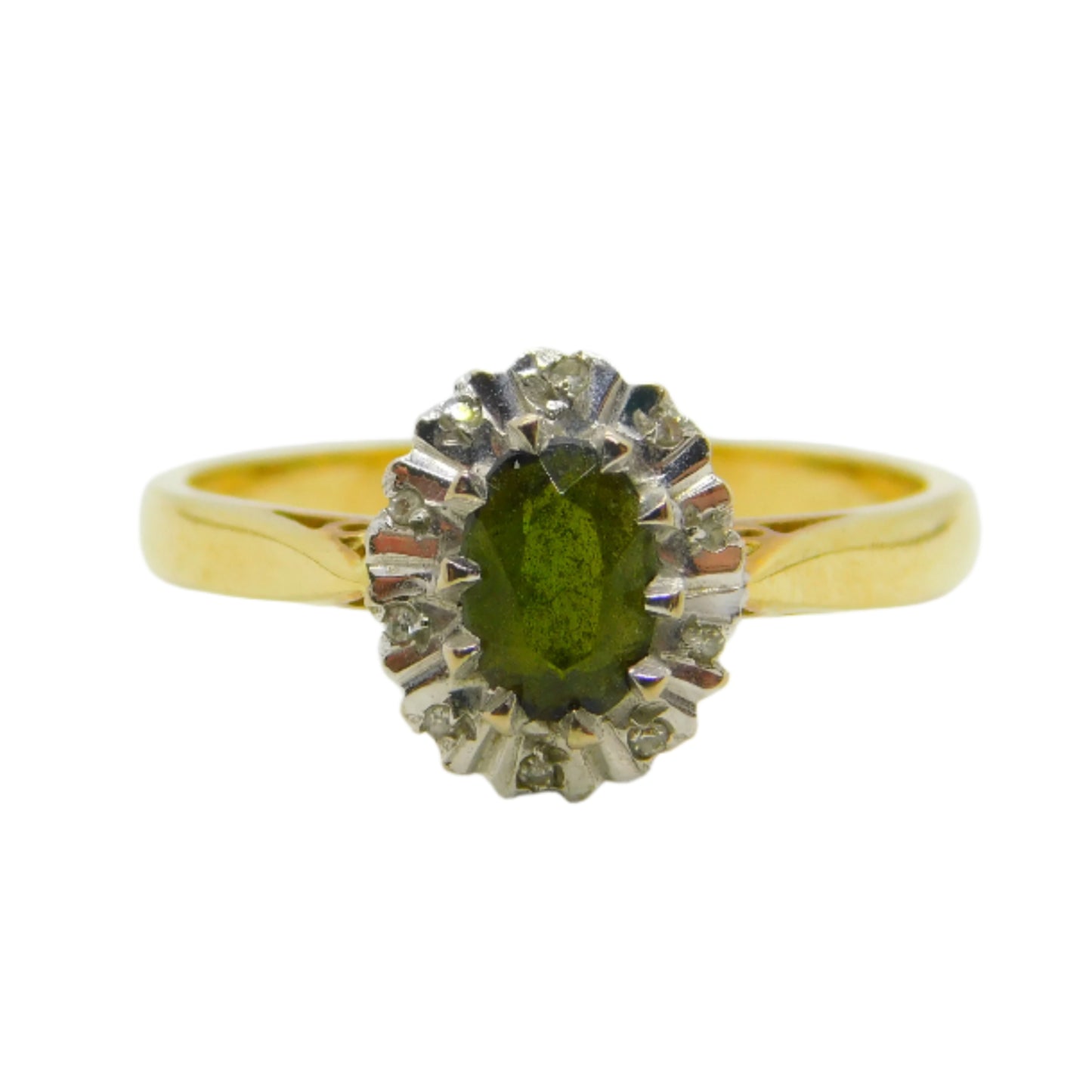 18ct Yellow Gold, Green Tourmaline & Diamond Floral Cluster Ring Vintage 1972 London