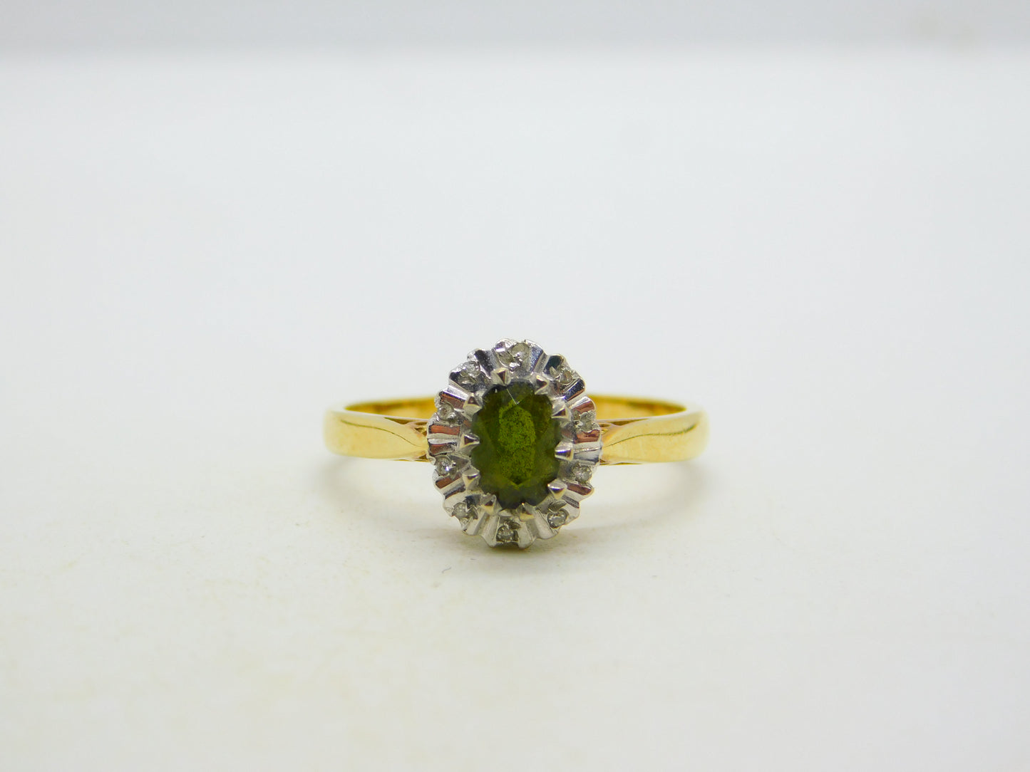 18ct Yellow Gold, Green Tourmaline & Diamond Floral Cluster Ring Vintage 1972 London