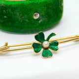 Victorian 15ct Gold, Green Enamel & Seed Pearl Shamrock Brooch Antique c1880