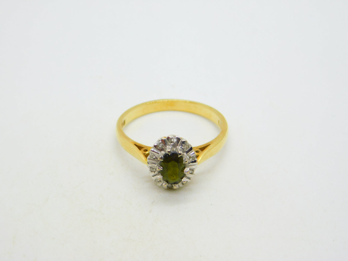 18ct Yellow Gold, Green Tourmaline & Diamond Floral Cluster Ring Vintage 1972 London
