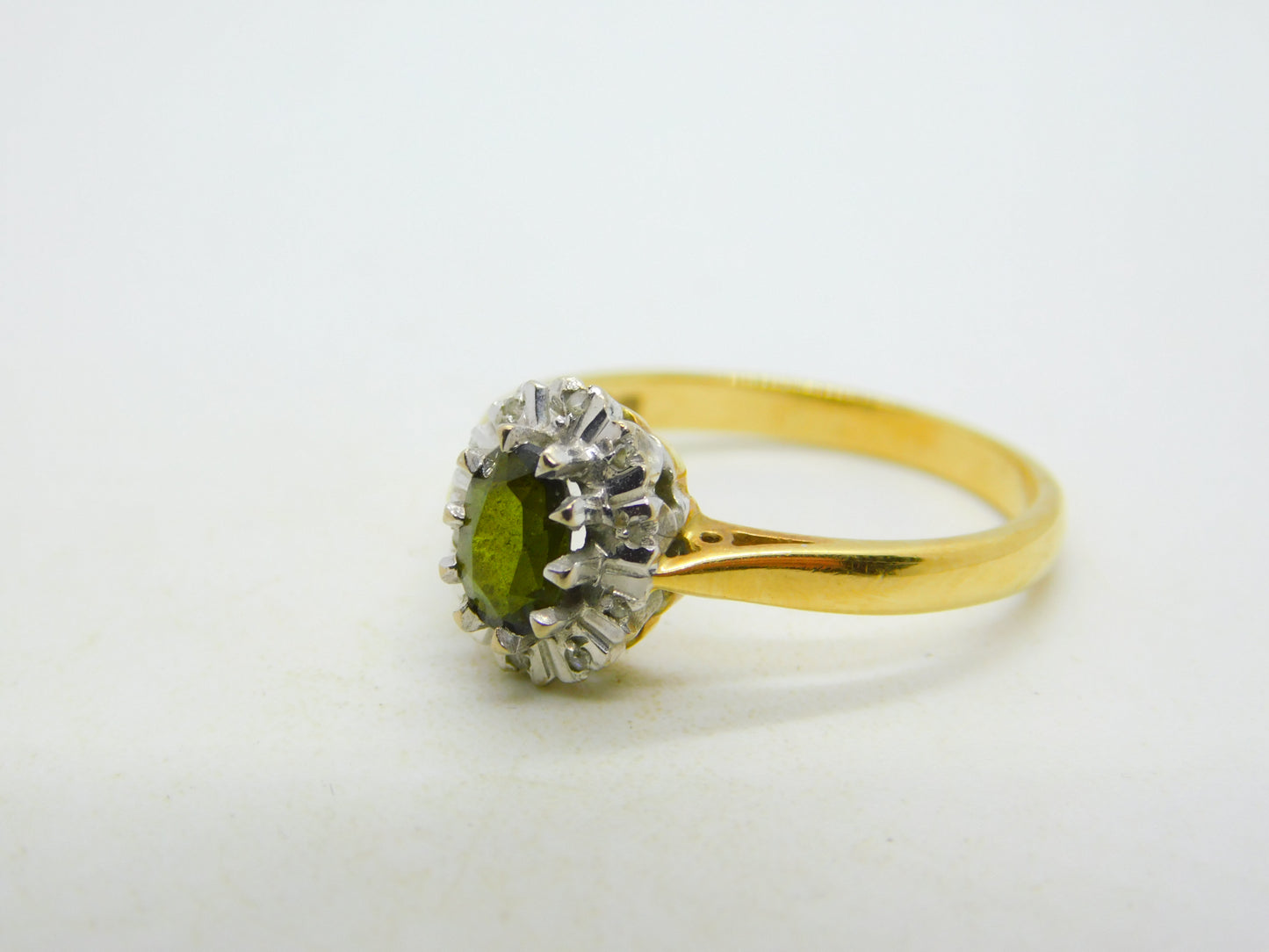 18ct Yellow Gold, Green Tourmaline & Diamond Floral Cluster Ring Vintage 1972 London