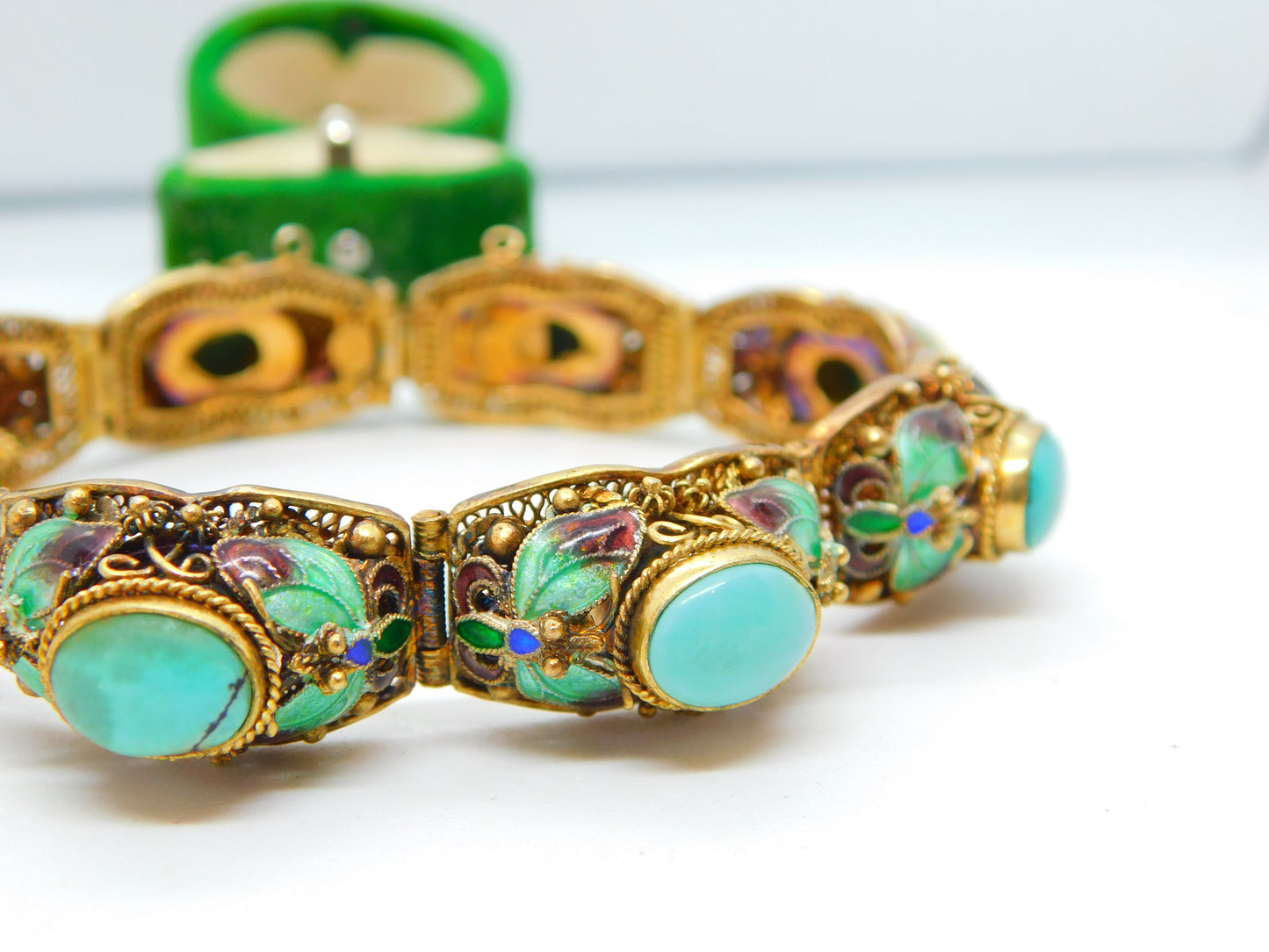 Chinese Filigree Sterling Silver Gilt, Enamel & Cabochon Turquoise Bracelet c1940
