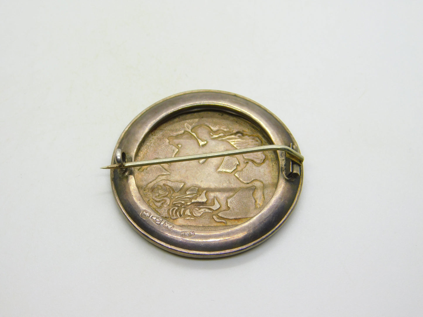 Victorian Sterling Silver Enamel Crown Coin Brooch Antique 1882 Chester