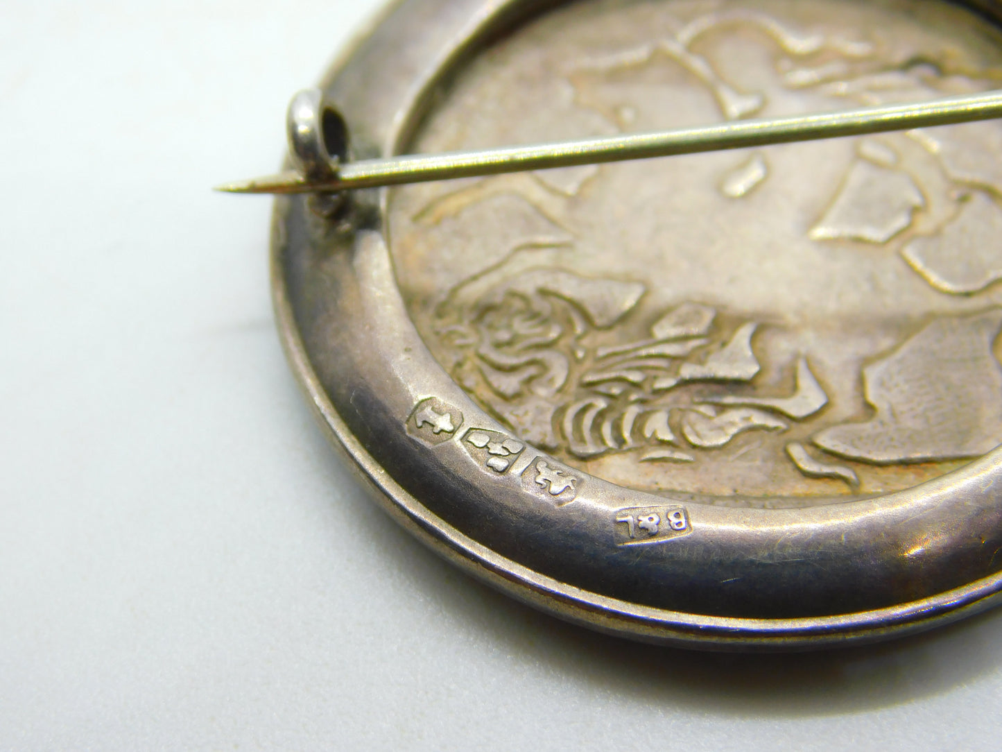 Victorian Sterling Silver Enamel Crown Coin Brooch Antique 1882 Chester