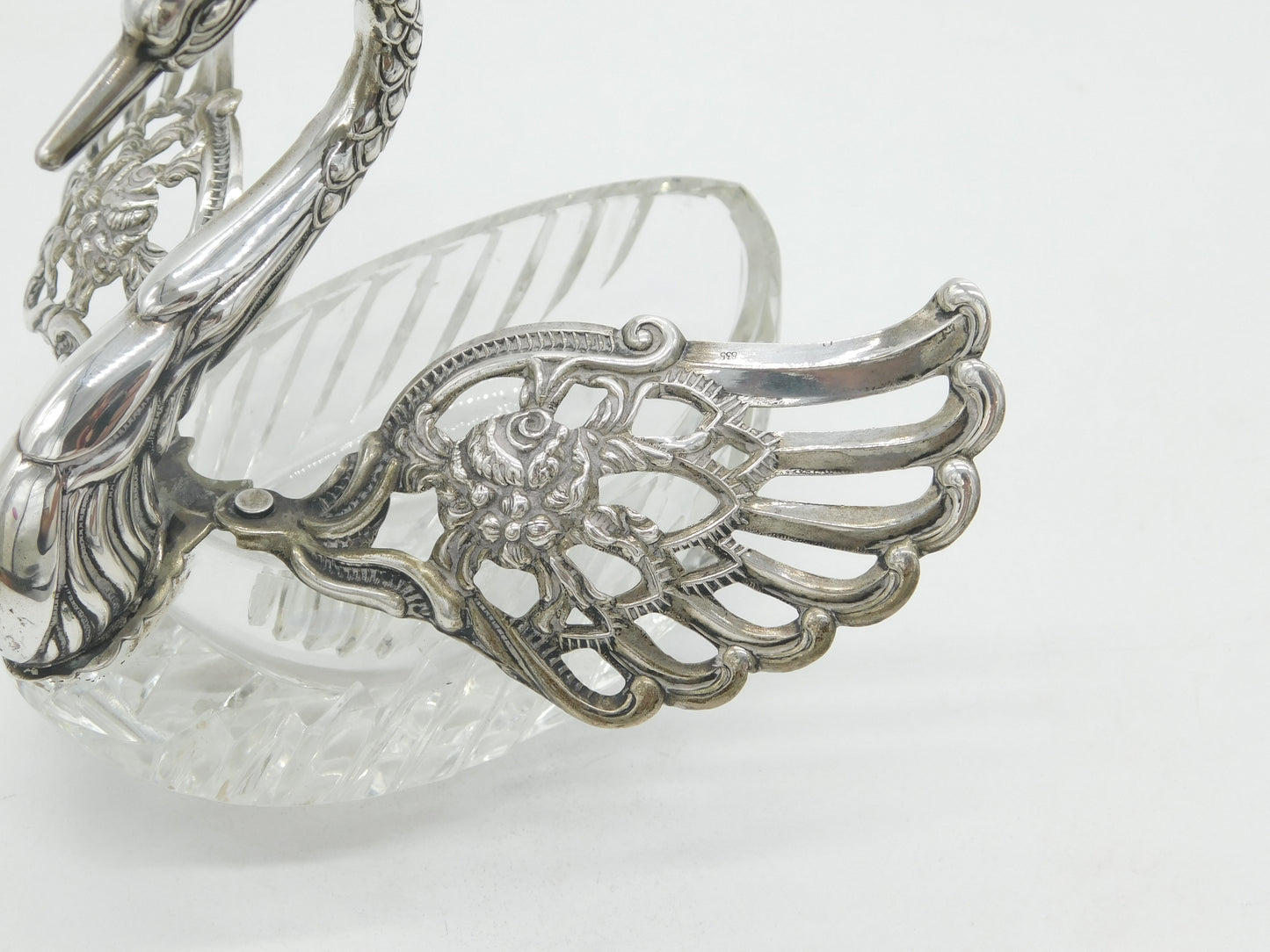20th Century Large German .835 Silver & Cut Glass Swan Form Sweets Dish Antique c1920