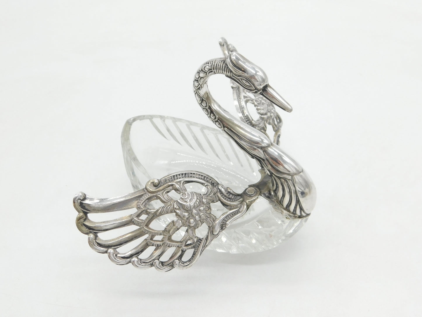 20th Century Large German .835 Silver & Cut Glass Swan Form Sweets Dish Antique c1920
