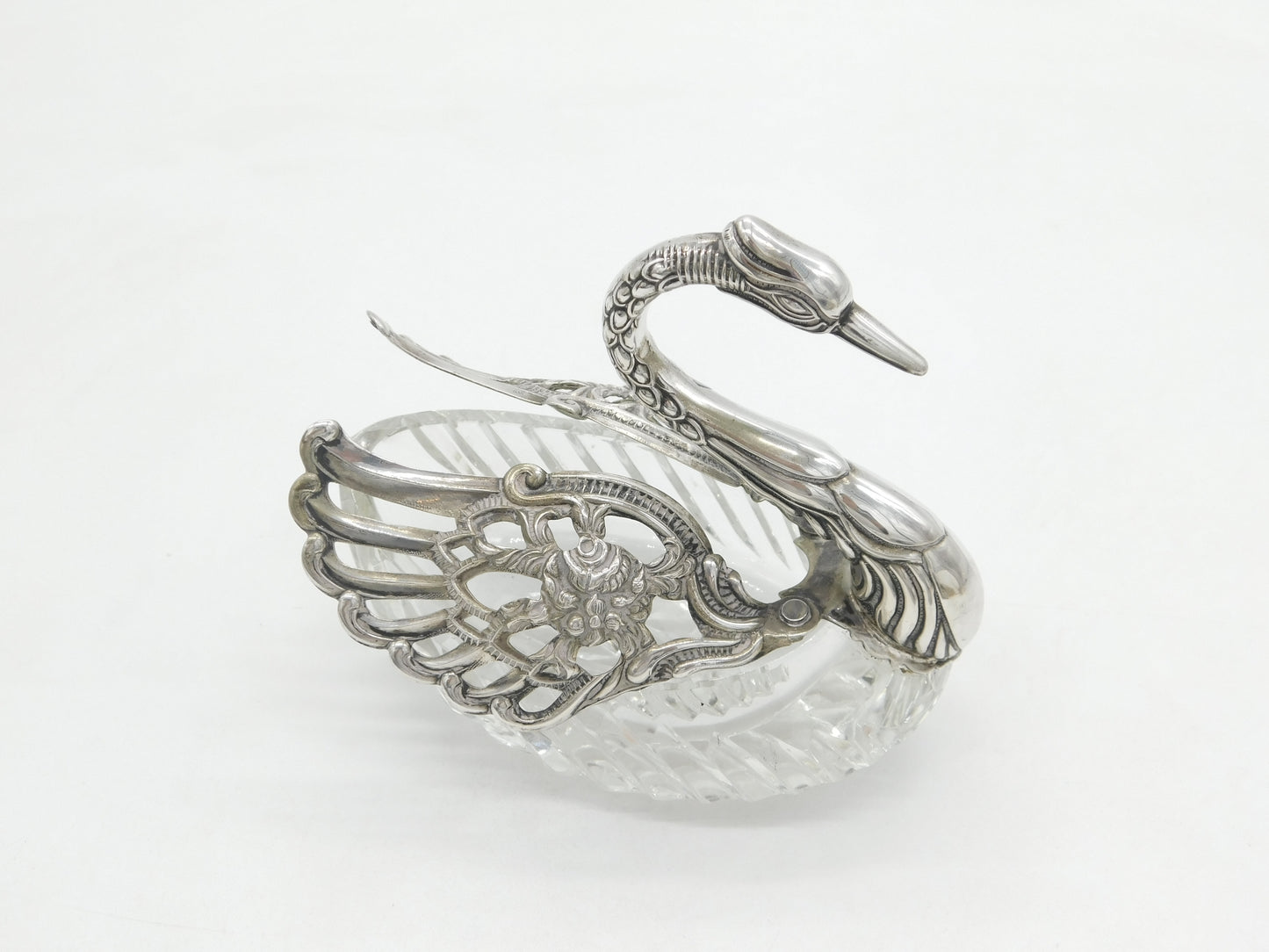 20th Century Large German .835 Silver & Cut Glass Swan Form Sweets Dish Antique c1920