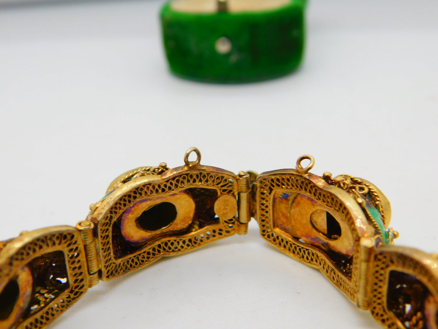 Chinese Filigree Sterling Silver Gilt, Enamel & Cabochon Turquoise Bracelet c1940