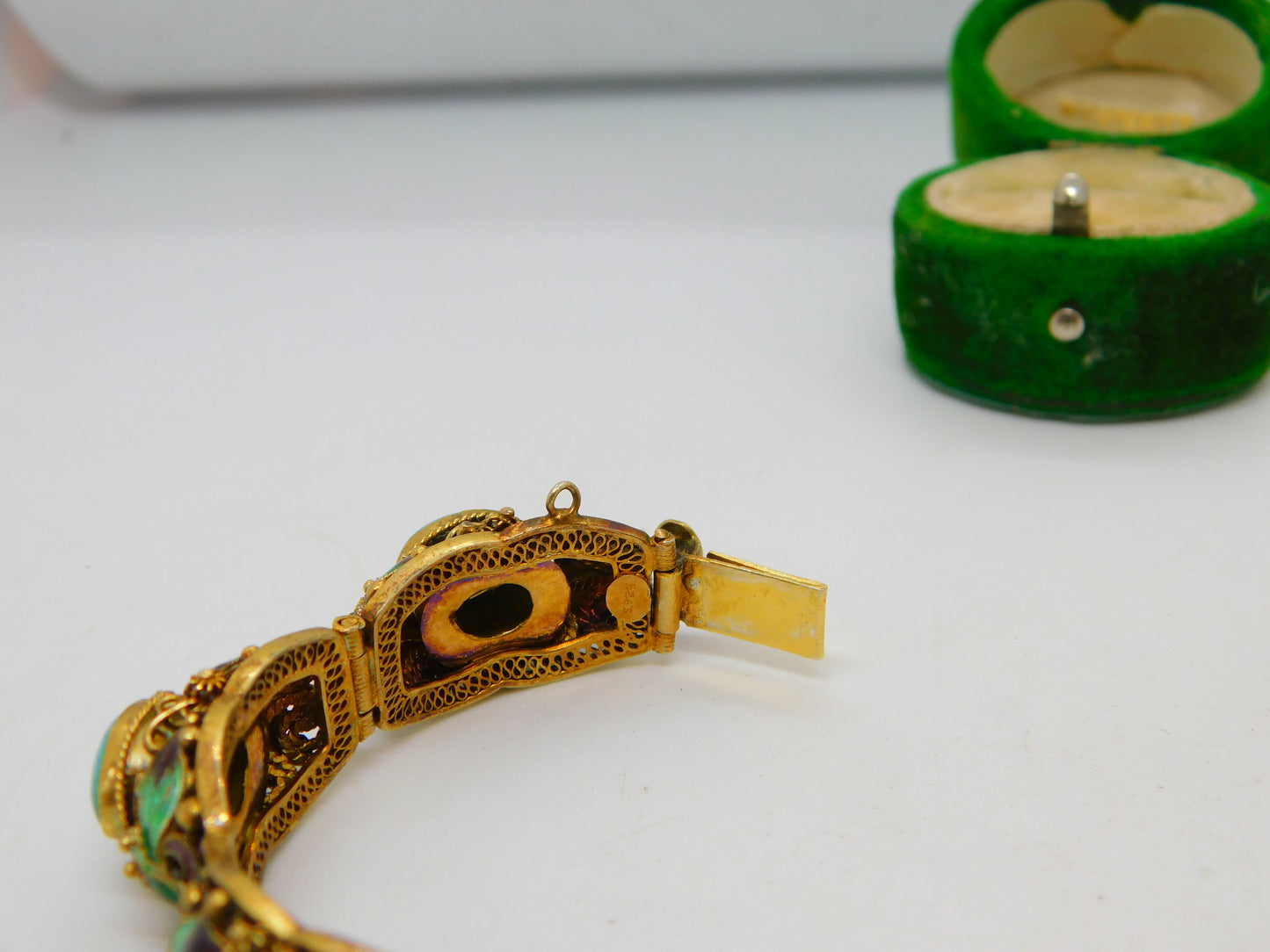 Chinese Filigree Sterling Silver Gilt, Enamel & Cabochon Turquoise Bracelet c1940