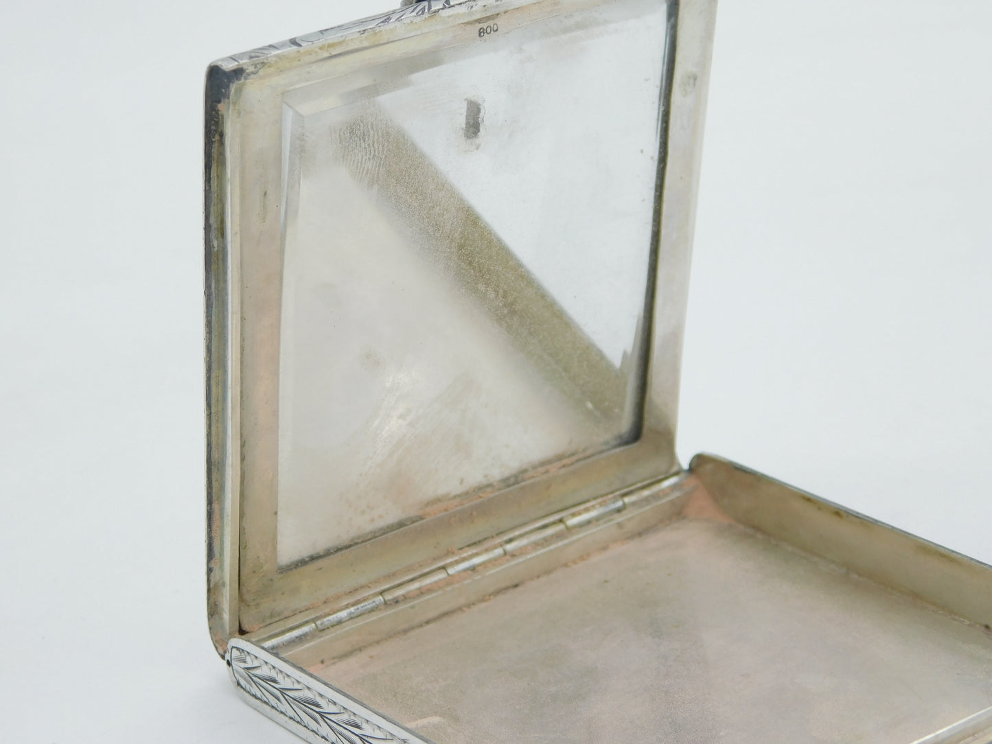 20th Century Italian .800 Silver Makeup Mirror Compact Antique c1940 Art Deco