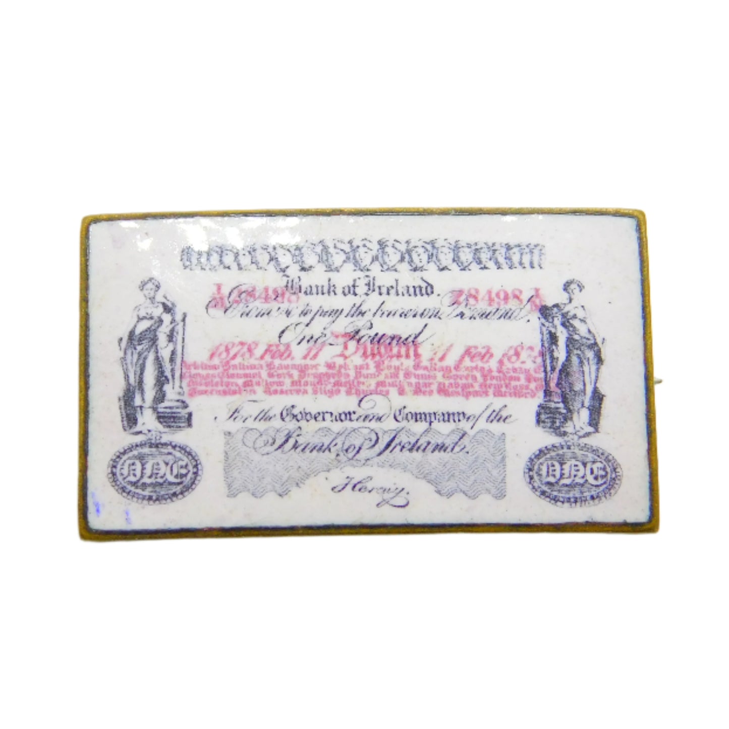 Victorian Metal & Enamel Bank of Ireland One Pound Note Brooch Antique 1878