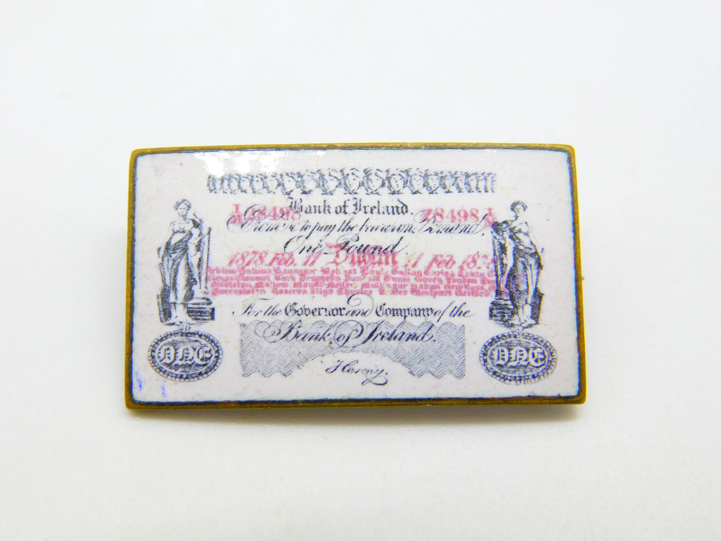 Victorian Metal & Enamel Bank of Ireland One Pound Note Brooch Antique 1878