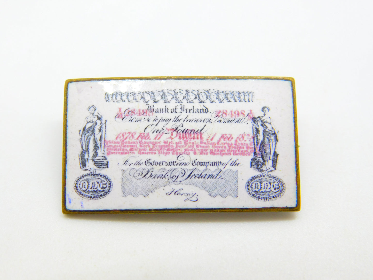 Victorian Metal & Enamel Bank of Ireland One Pound Note Brooch Antique 1878