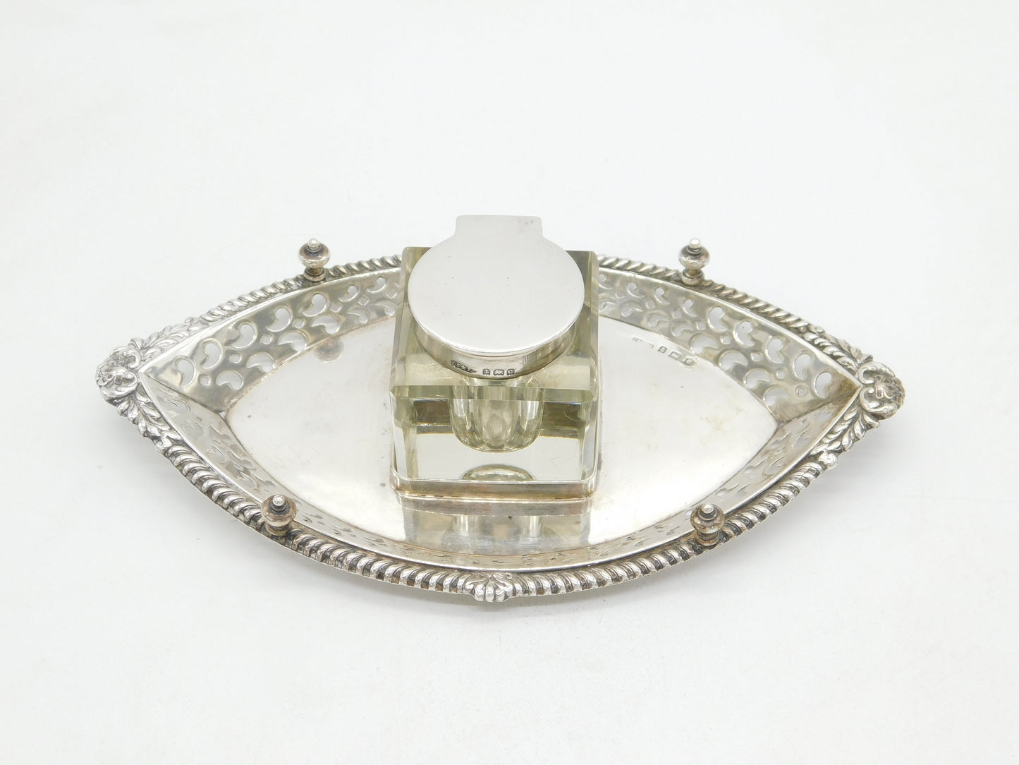 Edwardian Sterling Silver & Glass Floral Desk Inkwell & Stand Antique 1902