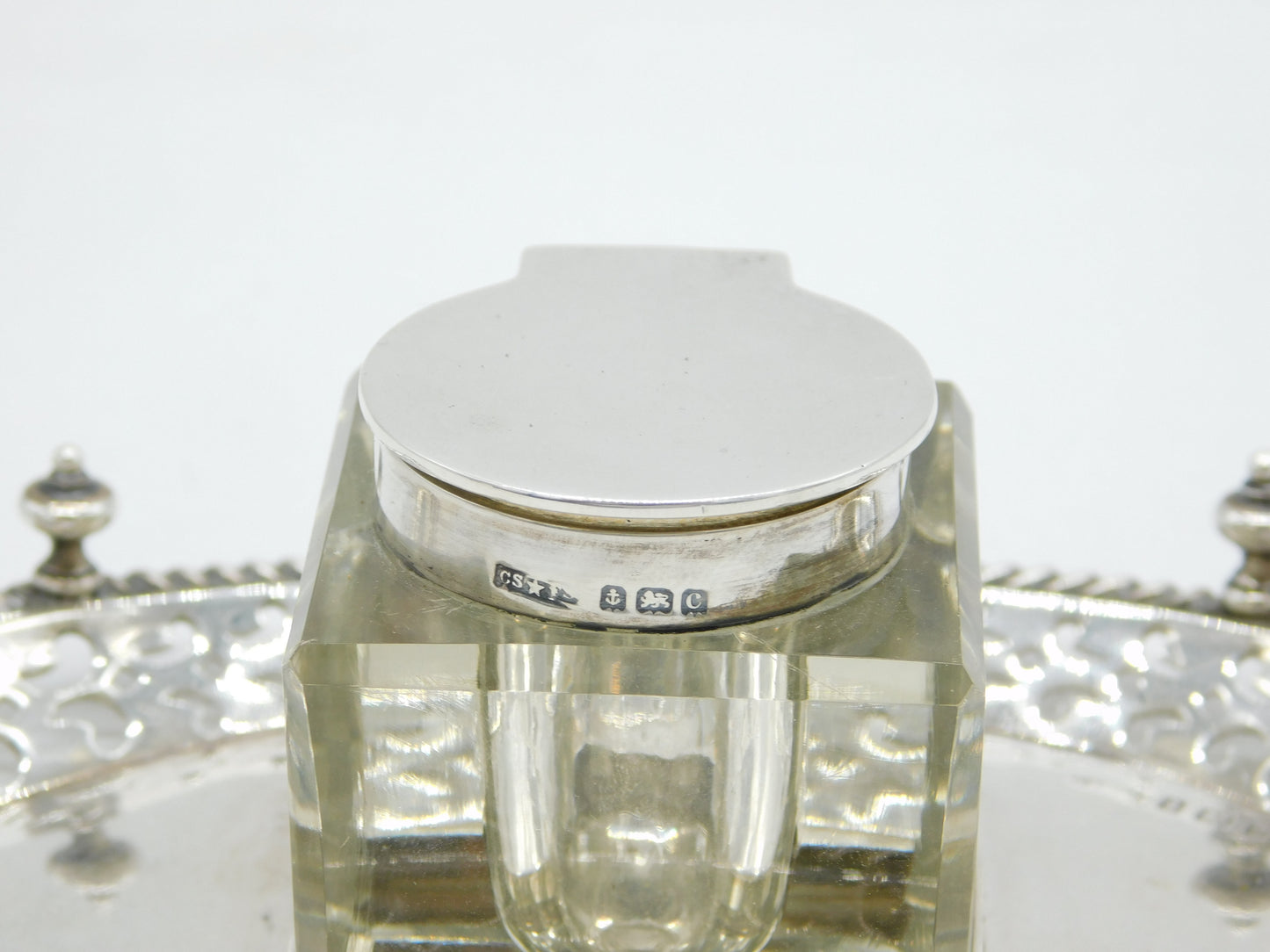 Edwardian Sterling Silver & Glass Floral Desk Inkwell & Stand Antique 1902