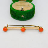 19th Century 15ct Yellow Gold Red Coral Set Bar Brooch Antique c1880