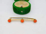 19th Century 15ct Yellow Gold Red Coral Set Bar Brooch Antique c1880