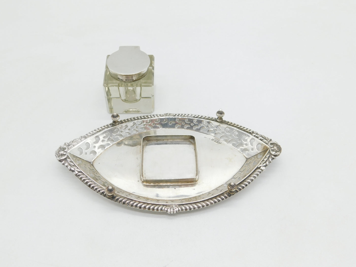 Edwardian Sterling Silver & Glass Floral Desk Inkwell & Stand Antique 1902