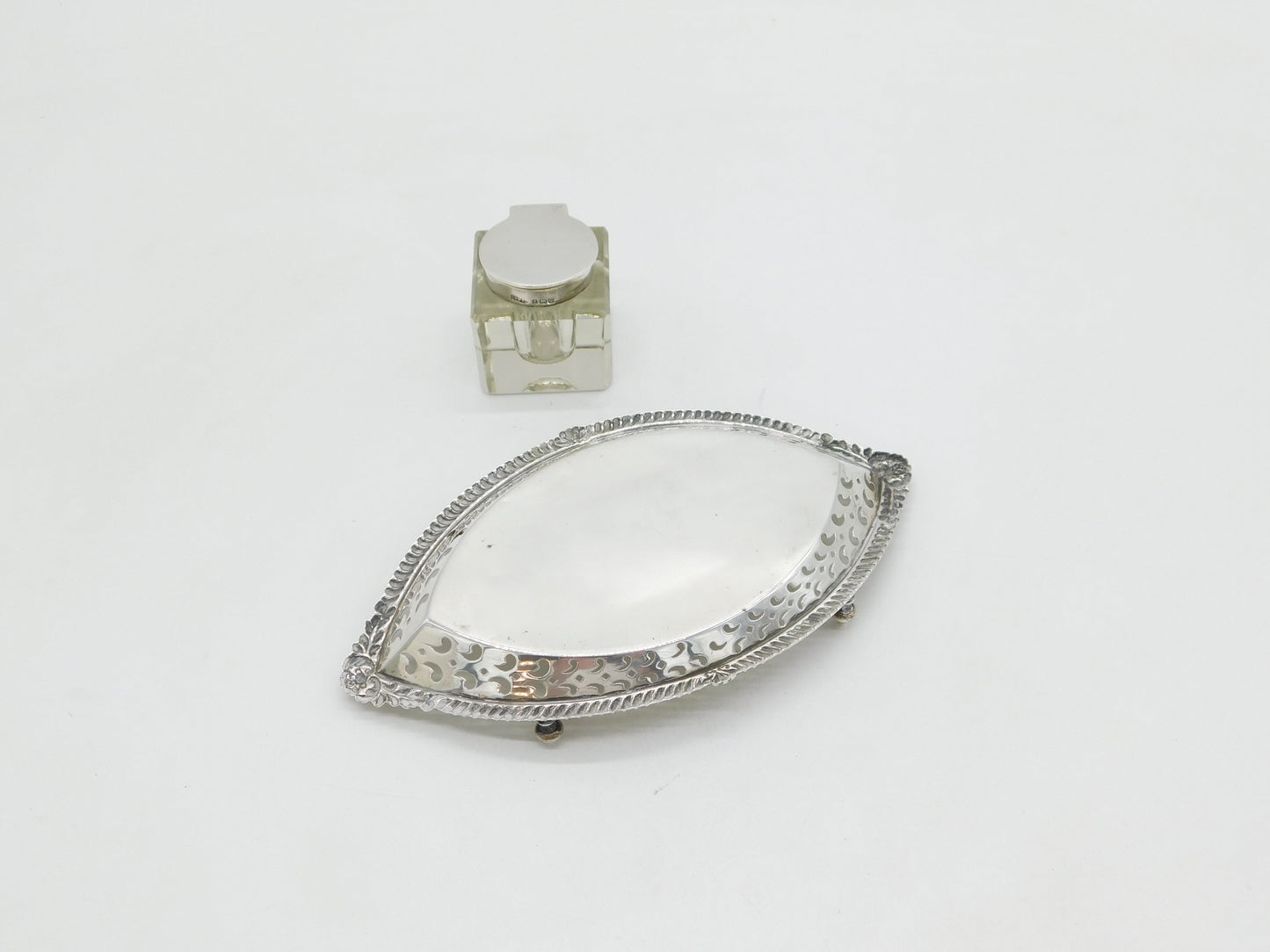 Edwardian Sterling Silver & Glass Floral Desk Inkwell & Stand Antique 1902
