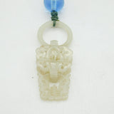 19th Century Large Chinese Carved Green Jade Blue Glass Necklace Antique c1890