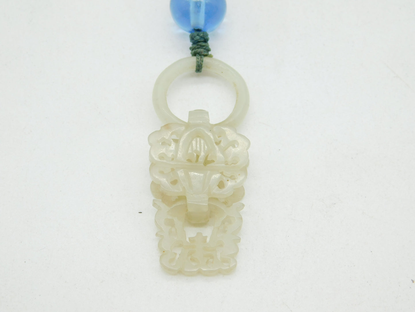 19th Century Large Chinese Carved Green Jade Blue Glass Necklace Antique c1890