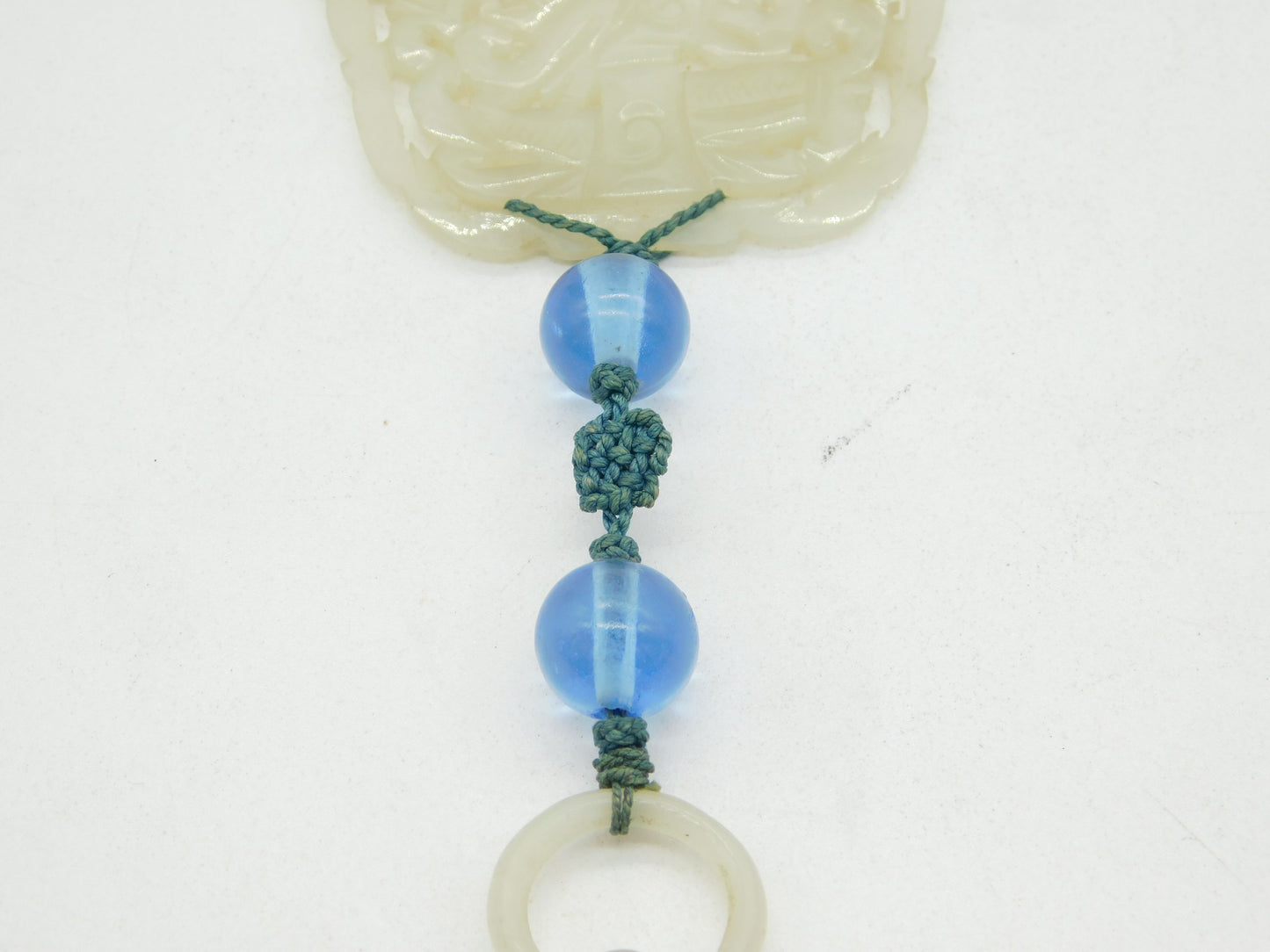 19th Century Large Chinese Carved Green Jade Blue Glass Necklace Antique c1890